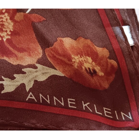 Anne Klein Silk Poppy Flowers Floral Scarf Brown Dark Red Cream Oblong 14" x 58" - Picture 6 of 15